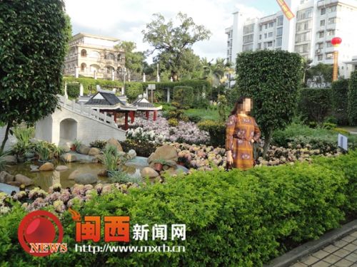 一位市民越過綠化帶，踩到花叢中拍照